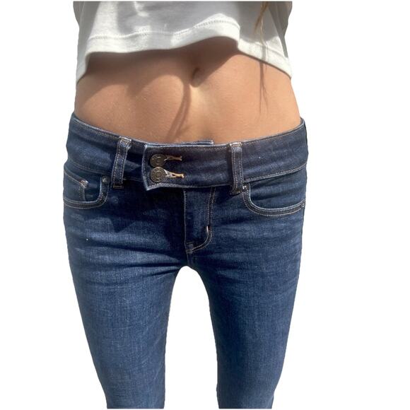 American Eagle Woman Sz 00 24x28 Jeans Low Rise Flare Dark Demin Flare Stretch - Picture 6 of 12